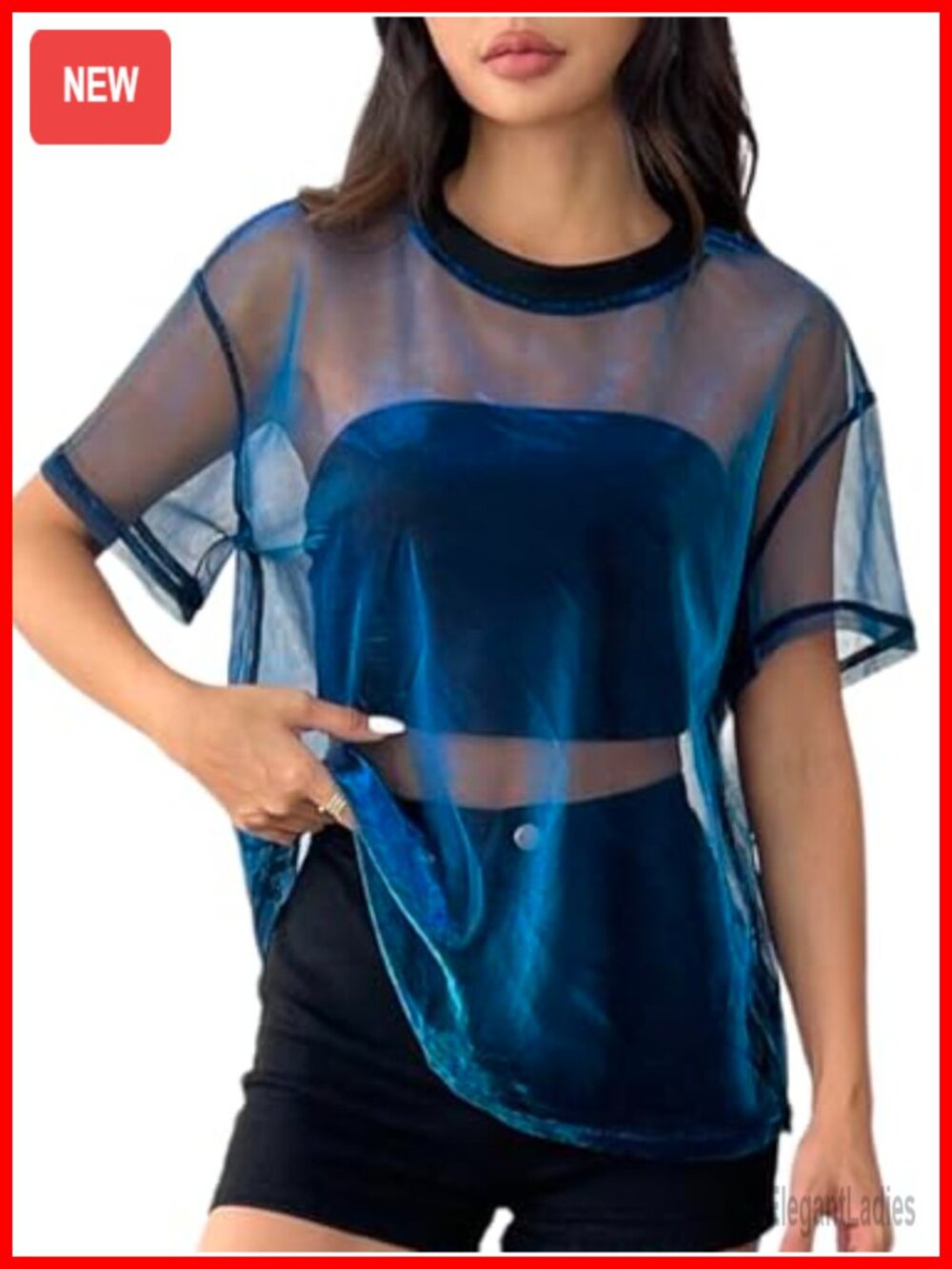 OYOANGLE Women's Metallic Mesh Sheer See Through Top Blouse